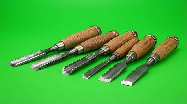 A set of five professional woodworking chisels with wooden handles arranged