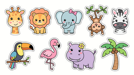 Obraz premium Tropical safari cute kawaii sticker sheet giraffe lion elephant monkey zebra toucan flamingo hippo palm vector