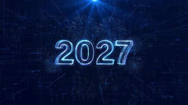 Digital New Year 2027 animation fireworks, geometric lines, interface. 19 conferences, company celebrations, product launches, business presentations, television titles, global promotions.