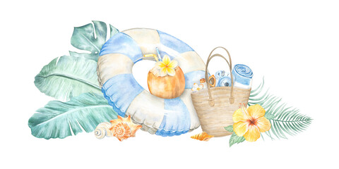 A watercolor composition themed around a tropical summer vacation. Banana palm leaves and monstera. A hand painted coconut cocktail with plumeria. A beach bag with accessories and an inflatable ring © Evgeniia