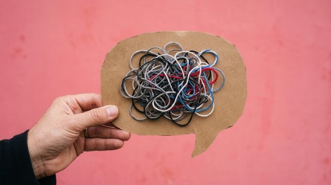 Hand holds speech bubble with tangled strings symbolizing complex thoughts, communication breakdown, or confusion against a pink background