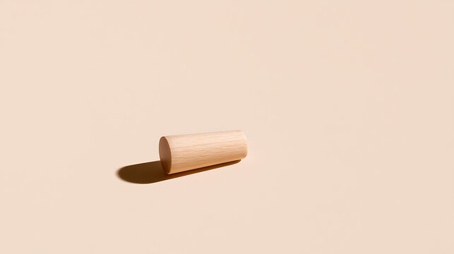 Minimalist wooden cylinder block product display podium on a solid beige background with soft shadow casting for modern commercial mockups