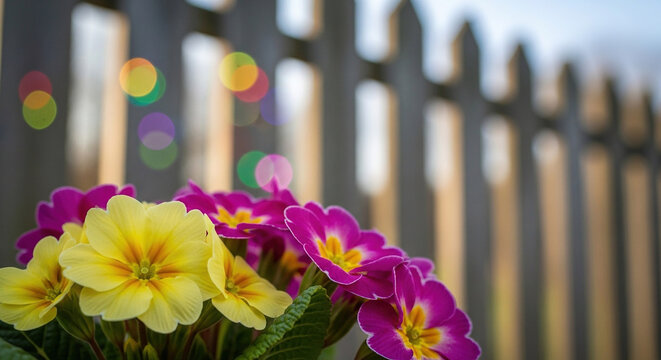 Bright yellow and pink primrose flowers in a garden setting