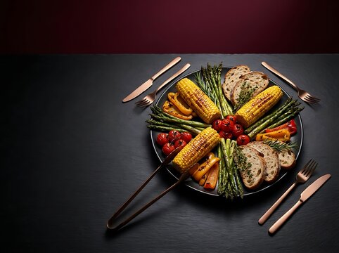 Gourmet grilled vegetable platter with corn, asparagus, tomatoes, and bread on a dark background