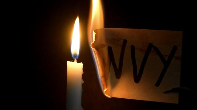 Lit candle. Fire burning a piece of paper with the word envy handwritten on it. Symbolic act, gesture.