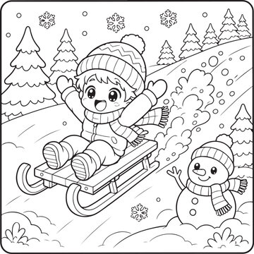 Christmas Coloring Page for Adults, Cute Kawaii Winter Holiday Scene, Black and White Line Art, Cozy Cottagecore Illustration for Coloring Book