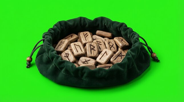 A black drawstring velvet pouch filled with carved wooden viking runes