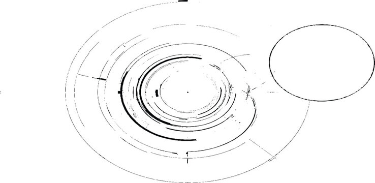 Abstract black and white grunge  with concentric circular lines and an offset ellipse