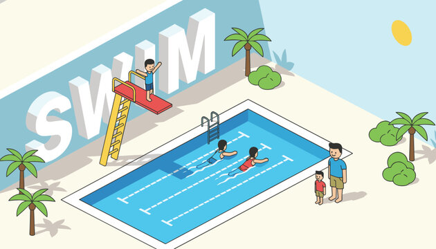 Public swimming pool scene with people swimming a child on a diving board and tropical palm trees on a bright sunny day.