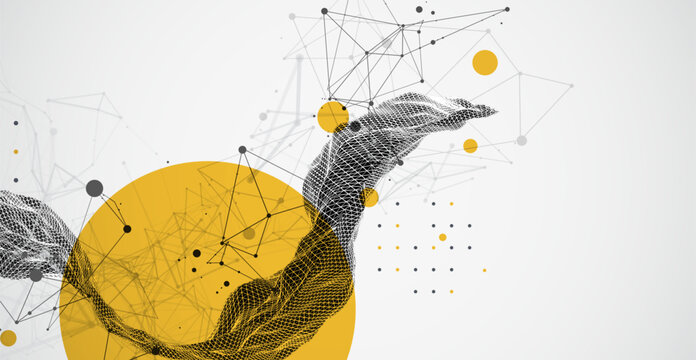 Abstract vector illustration of dark wireframe mesh ribbon with yellow circles and plexus network