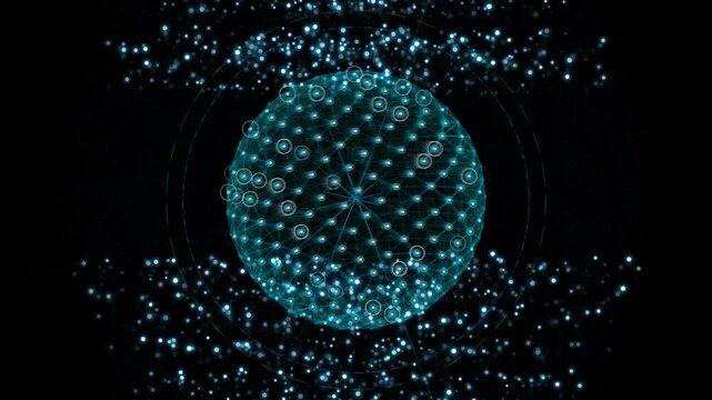 Abstract digital globe network structure with interconnected glowing points and nodes on a dark background