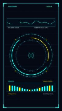 Futuristic HUD interface animation, technology display, cyber UI screen, game overlay, sci-fi data visualization
