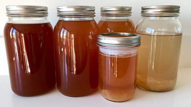 Various glass mason jars filled with homemade fermented probiotic tea brew kombucha liquid and scoby mother culture on white surface tabletop