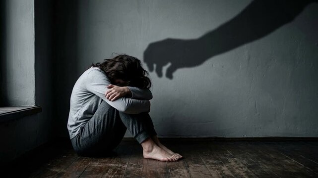Depressed woman curled up in dark corner with threatening hand shadow on wall for mental health crisis concept