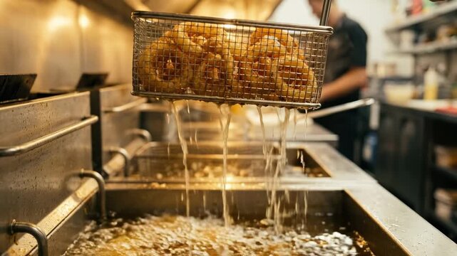 Chef Frying Golden Onion Rings in Hot Oil Close Up in Commercial Kitchen Cooking Food