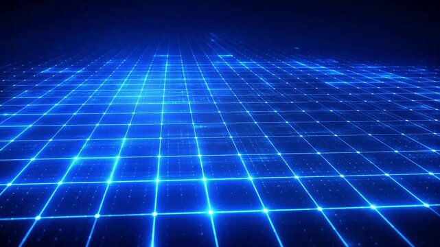 Deep blue digital cyber grid background with glowing connection nodes and perspective network lines