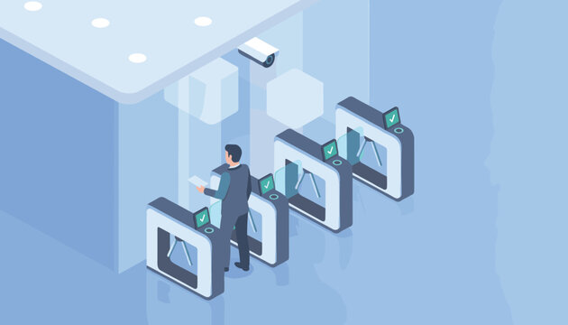 Isometric illustration of a businessman passing through an automated security turnstile gate in an office building with surveillance camera.