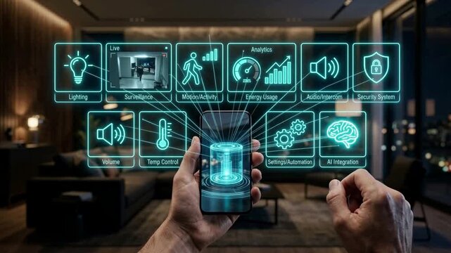 User controlling smart home holographic dashboard on smartphone with surveillance live feed and AI metrics