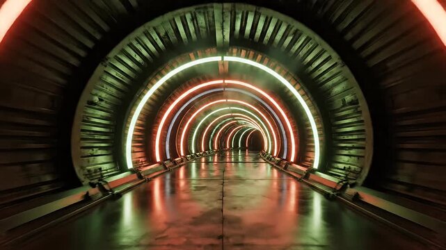 Futuristic neon lit circular tunnel with glowing ring lights.