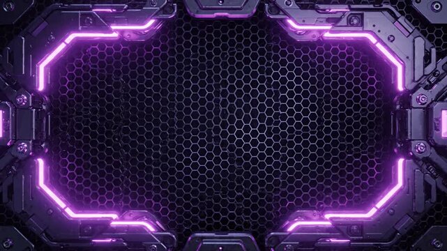 Futuristic purple neon frame with hexagonal mesh background.