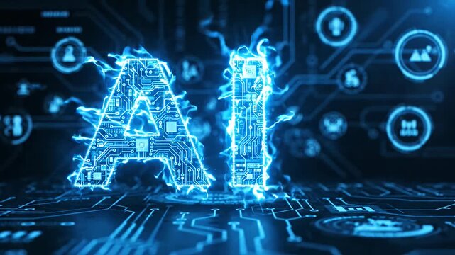 Glowing blue AI circuit board text background.