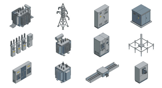 Sleek Isometric Collection of Modern Electrical Power Distribution and Control Equipment in Monochrome