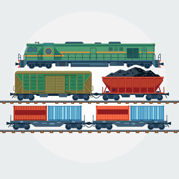Green diesel locomotive with multiple freight wagons, including a boxcar, open hopper car filled with coal, and two flatbed railcars carrying shipping containers on tracks.