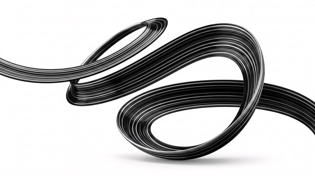 Abstract 3d black ribbon sculpture with metallic texture flowing in a curve on white background with finish curves elegantly