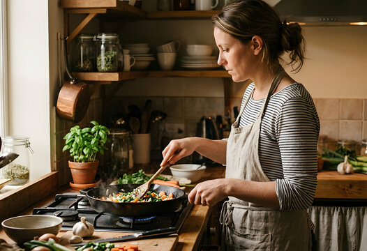 Woman cooking healthy vegetable meal in rustic domestic kitchen
