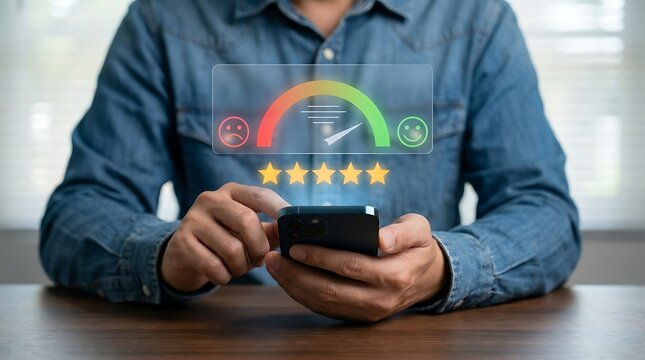 User holding phone interacting with online service feedback and rating satisfaction score