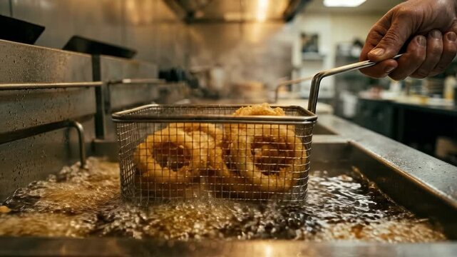 Chef Lowers Basket of Golden Onion Rings into Bubbling Hot Oil for Frying in Commercial Kitchen