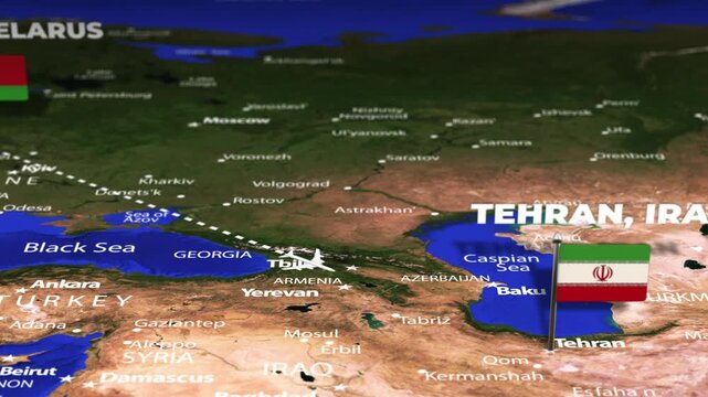 Flight From Minsk BELARUS to Tehran IRAN with flag pins