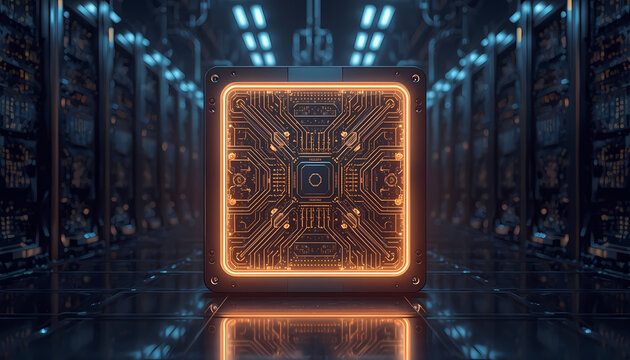 Advanced quantum computer core with glowing optical processor components in modern physics research laboratory