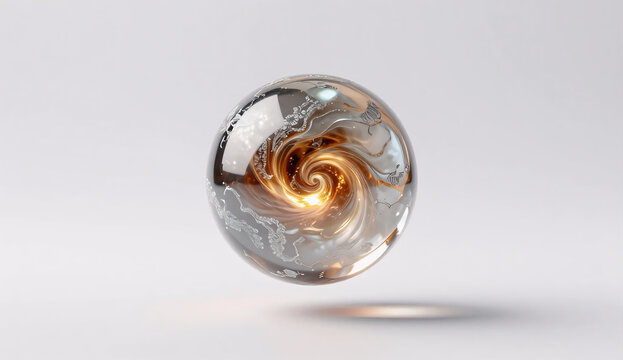 Autumn equinox balance node: floating optic glass sphere with glowing liquid burnt amber and platinum core