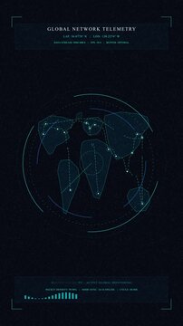 Futuristic world map digital HUD interface with data visualization elements and cyber technology concept