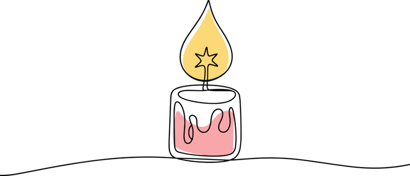 Candle vector illustration with a glowing flame flame and star wick in minimalist continuous single line art holiday drawing style