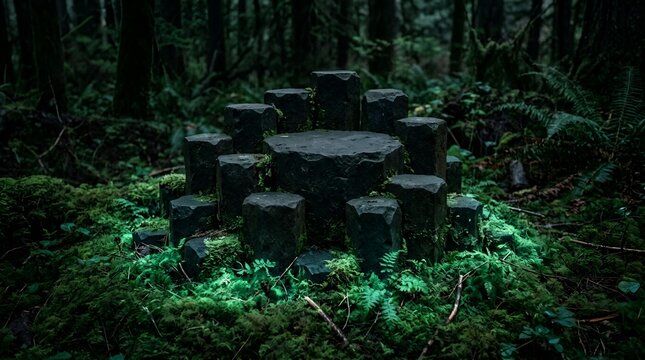 Ancient stone circle in dark forest at night. Misty wooden table and stools in magical green forest. Druidic stone altar in enchanted woods.