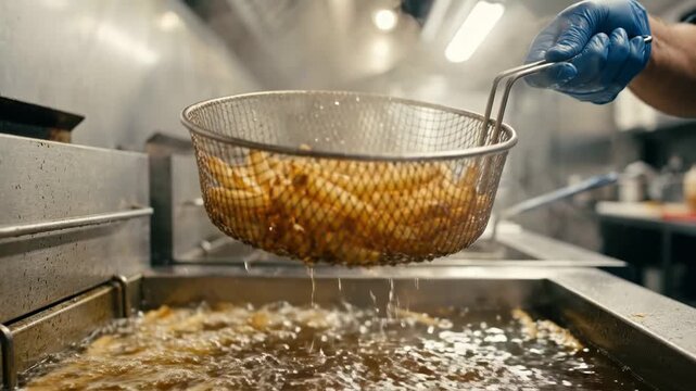 Chef with Blue Glove Lifts Golden French Fries from Hot Oil in Commercial Deep Fryer