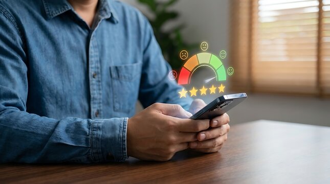 Person holding a smartphone showing customer satisfaction rating score and review feedback meter