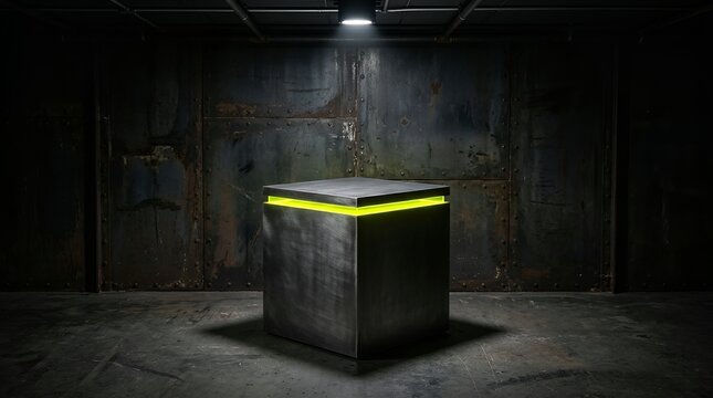 Glowing metal cube in dark industrial room, neon yellow light strip, textured concrete floor, dramatic low key lighting, sci-fi background, dark atmosphere