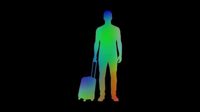Colorful abstract patterns of the human body showing a man carrying a suitcase, alpha channel, looping