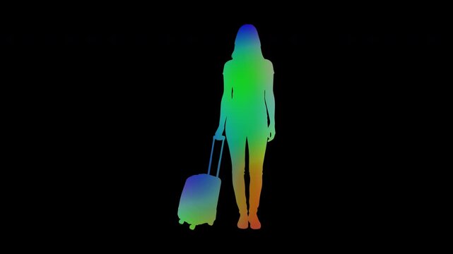 Colorful abstract patterns of the human body showing a woman carrying a suitcase, alpha channel, looping