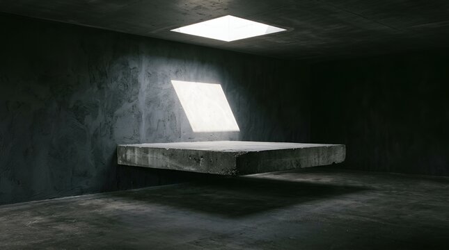 Dark concrete room interior, minimalist industrial architecture, raw cement walls, dramatic lighting, brutalist design, abstract space, empty basement, 3d rendering background.