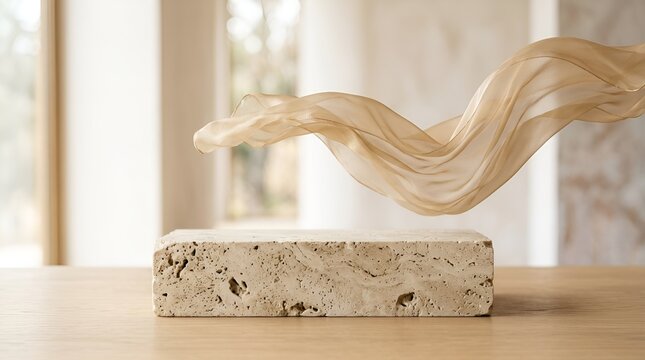 Abstract floating wooden wave on concrete block, modern decorative sculpture with motion blur, contemporary home accessory on timber table