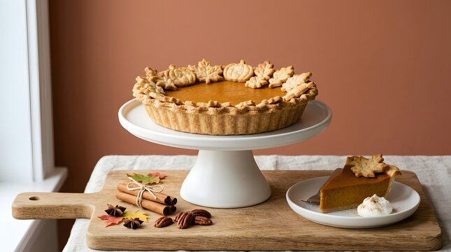 A whole pumpkin pie decorated with pastry leaves and a pumpkin on a cake stand, with a slice on a plate, cinnamon, and pecans on a wooden board