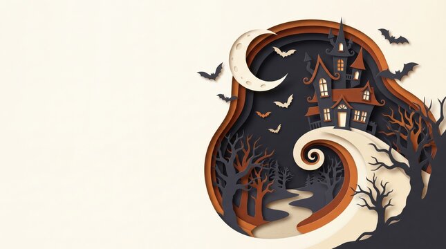Paper cut halloween landscape with haunted house, moon, and bats