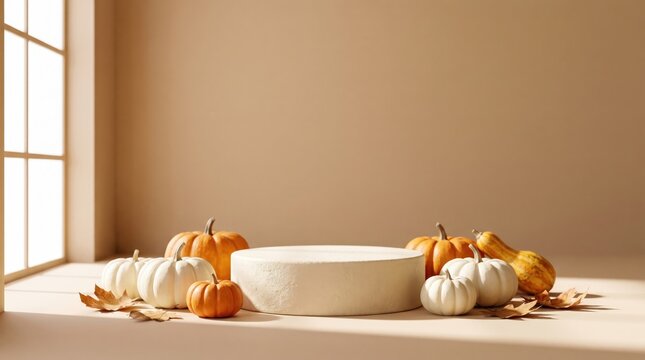 Product display podium with pumpkins and autumn leaves, beige background