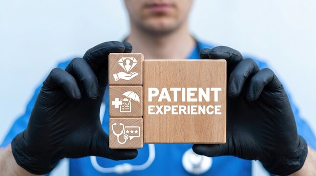 Patient experience blocks, healthcare quality, medical service and patient care concept.
