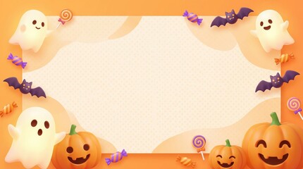 Fototapeta premium Halloween background, with cute ghosts, pumpkins, bats, and candy