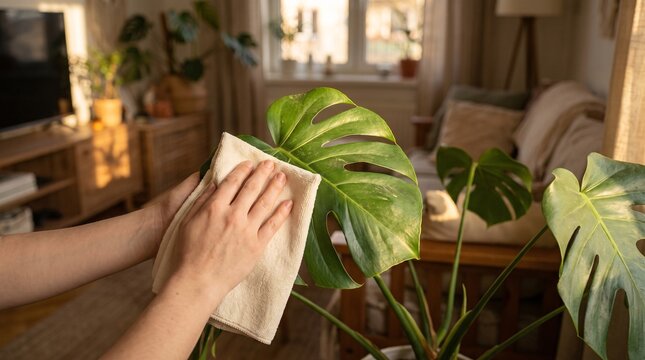 Person cleaning dust from a large green monstera leaf with a soft cloth in a living room with microfiber cloth inside indoor